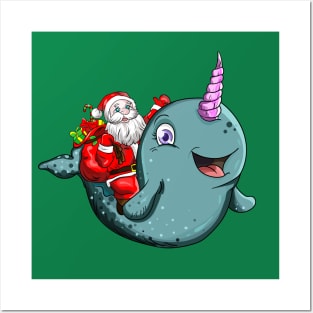 Santa Claus Riding Narwhal Merry Christmas Xmas Posters and Art